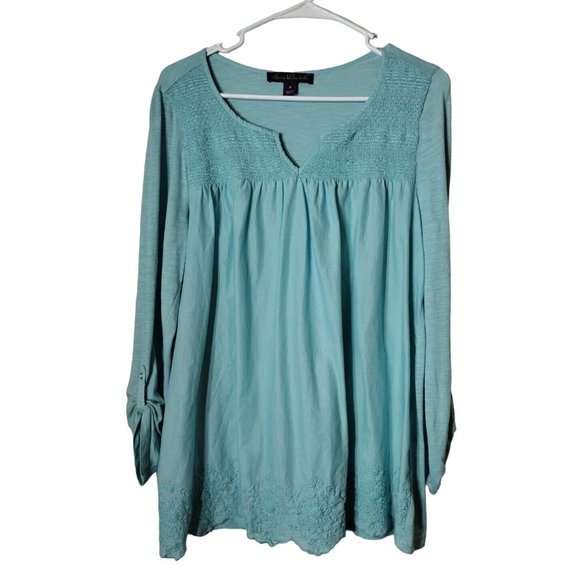 Gloria Vanderbilt Top Womens Medium Dual Sided Tab Sleeves Embroidered Hem - Picture 1 of 13